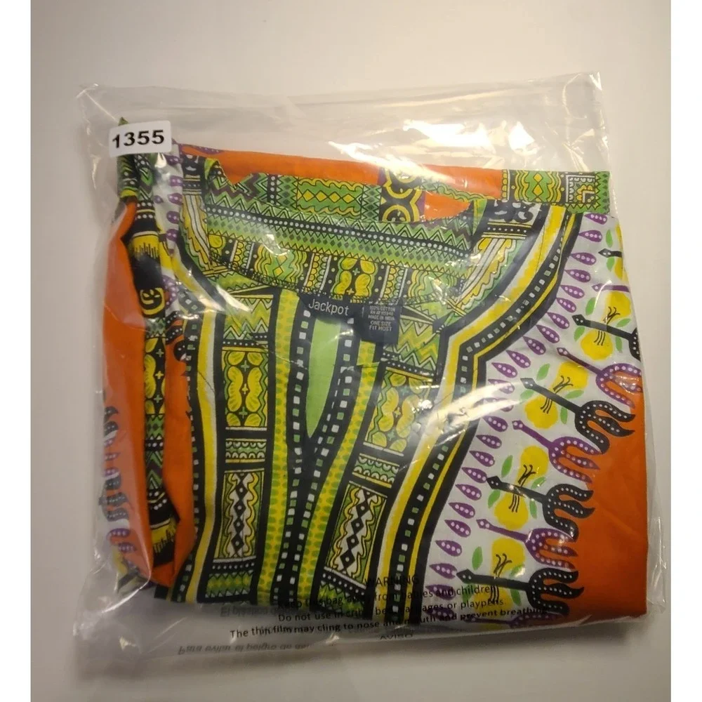 Jackpot Dashiki Shirt Orange‎ Cotton African Print V-Neck Tunic One Size OSFM